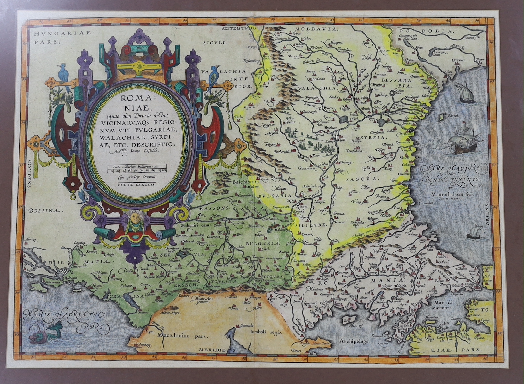 Castaldo Jacobo, 17th century map of Rome (Romaniae) later coloured, text verso, 38 x 51cm